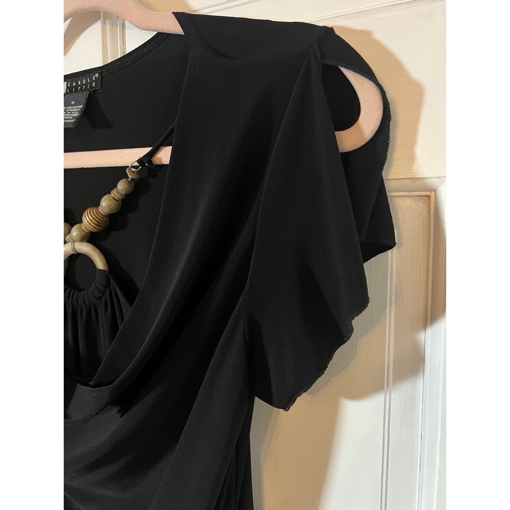 Carole Little Blouse XL Boho Y2K Wood Beaded Cowl Neck Black Short Sleeve Top - Picture 5 of 6